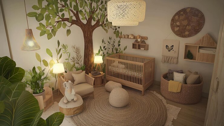 Un cuarto de niños acogedor y acogedor con un tema natural con una cuna una silla de balanceo y una canasta tejida con almohadas rodeadas de plantas y decoración de la pared