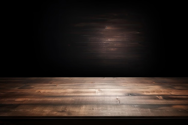 Cuarto oscuro con concepto de mesa de madera para fondo publicitario