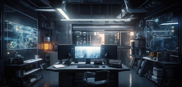 Foto un cuarto oscuro con un escritorio y dos monitores que dicen 'cyberpunk'