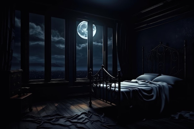 Cuarto oscuro de pesadilla con una cama y una luna.