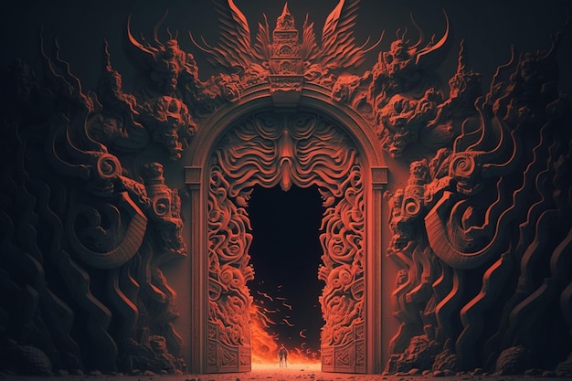 Un cuarto oscuro con una puerta que tiene un dragón.