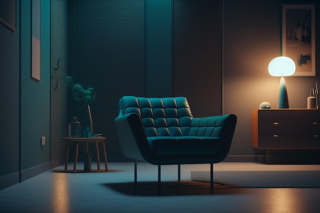 Un cuarto oscuro con una silla y una lámpara que dice 'la palabra hogar'