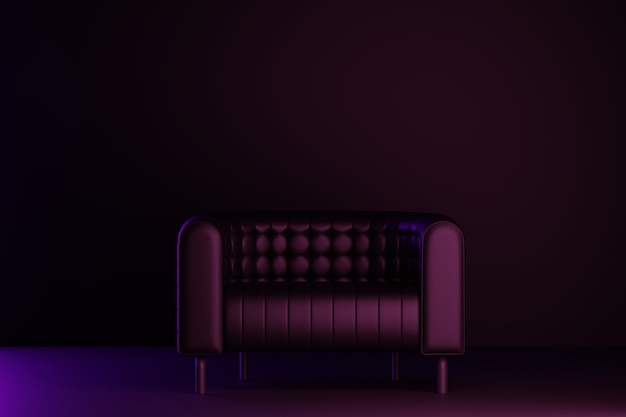 Cuarto oscuro con sofá. Representación 3D