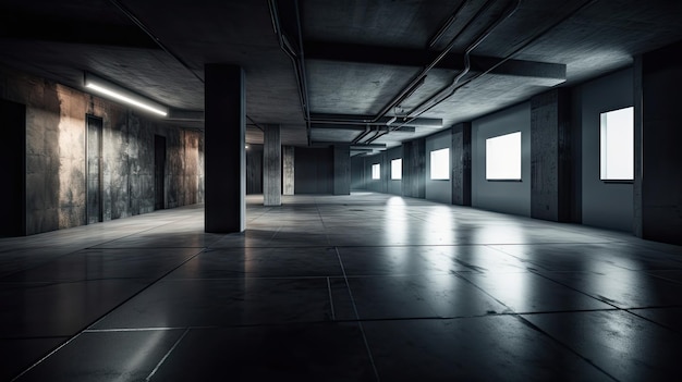 Cuarto oscuro vacío con luces en el techo