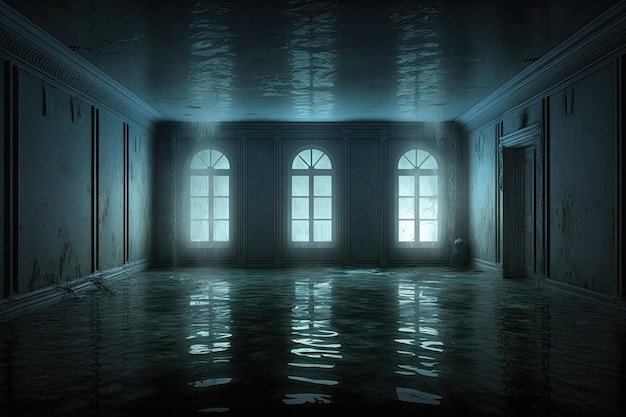Foto cuarto oscuro vacío con ventanas para filmación submarina en interiores planos inundados creados con generativo