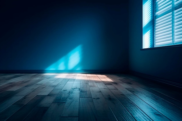 Un cuarto oscuro con una ventana que dice 'luz azul'