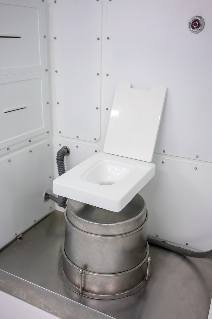 Foto cuarto de servicio dentro de la estación espacial. inodoro vacío con un inodoro en una nave espacial.
