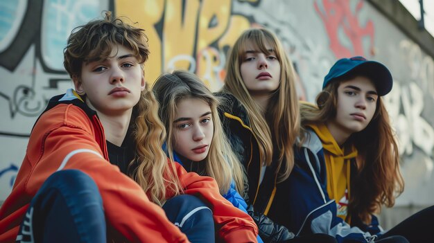 Foto cuatro adolescentes están sentados en un banco frente a una pared cubierta de graffiti todos llevan ropa casual y miran en diferentes direcciones