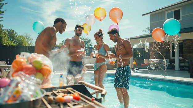 Cuatro amigos alegres divirtiéndose en la piscina en un caluroso día de verano todos llevan trajes de baño y tienen bebidas