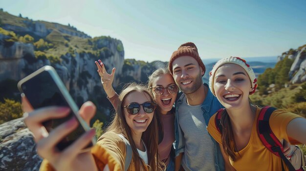 Cuatro amigos alegres tomando una selfie en la cima de una montaña Todos están sonriendo y con ropa casual