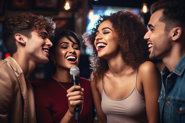 Foto cuatro amigos cantando y cantando en un bar