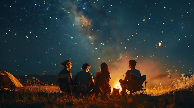 Cuatro amigos están acampando juntos en el desierto han levantado una tienda y están sentados alrededor de una fogata el cielo está lleno de estrellas