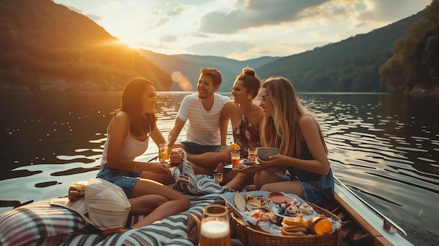 Cuatro amigos están disfrutando de un picnic en un barco están sentados en una manta y comiendo comida de una canasta