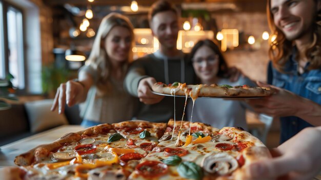 Foto cuatro amigos están sentados alrededor de una mesa en un restaurante todos están sonriendo y riendo y están a punto de comer una pizza