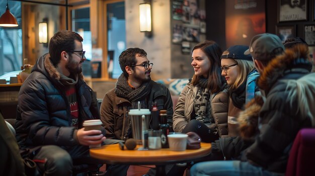 Cuatro amigos están sentados en una mesa en una cafetería hablando y riendo