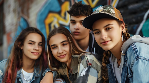 Cuatro amigos felices posando para una foto frente a una colorida pared de graffiti Todos llevan ropa casual y tienen sonrisas brillantes en sus rostros