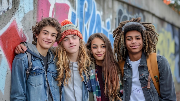 Cuatro amigos felices posando para una foto frente a una colorida pared de graffiti Todos llevan ropa casual y tienen sus brazos alrededor el uno del otro