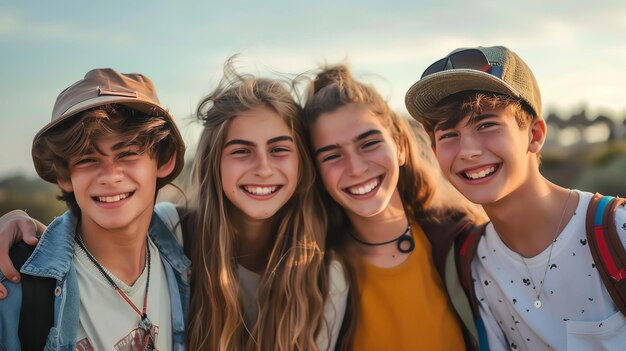 Cuatro amigos felices posando para una foto, todos sonriendo y con ropa casual, el fondo es un paisaje borroso.