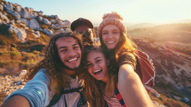 Cuatro amigos felices tomando una selfie en la cima de una montaña