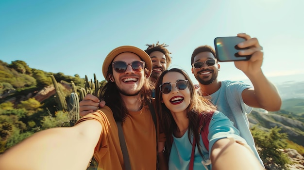 Foto cuatro amigos felices tomando una selfie en un hermoso entorno natural