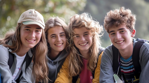 Cuatro amigos felices en un viaje de campamento en el bosque todos están sonriendo y riendo