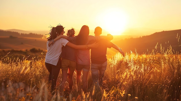 Cuatro amigos de pie en un campo de hierba alta viendo la puesta de sol todos están sonriendo y abrazándose