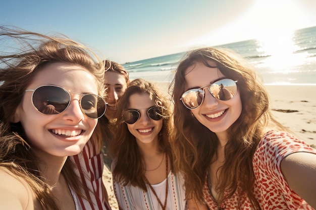 Cuatro amigos en una playa con gafas de sol.