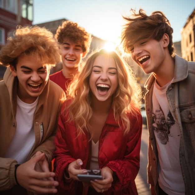 Cuatro amigos riendo y mirando un teléfono