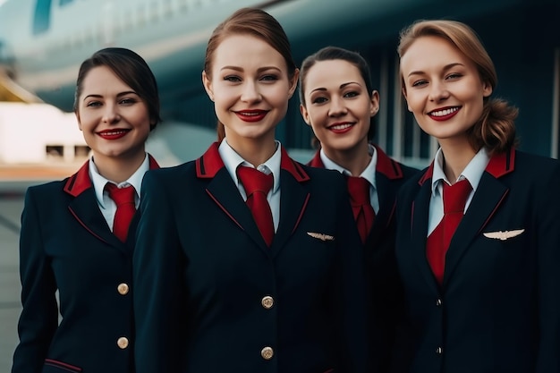 Cuatro azafatas sonrientes y felices vestidas de uniforme en el aeropuerto en avión IA generativa