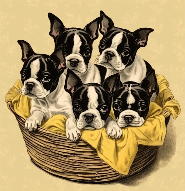 Foto cuatro boston terriers en una canasta con tela amarilla generativa ai