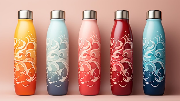 Cuatro botellas de agua de diferentes colores con diseños sobre un fondo rosa ai generativo