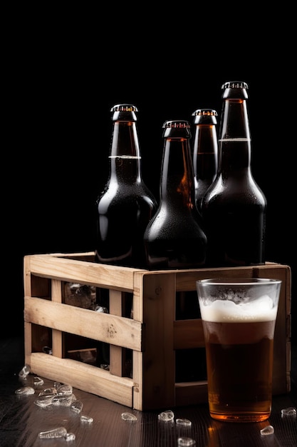 Foto cuatro botellas de cerveza en una caja de madera con un vaso de cerveza al fondo.