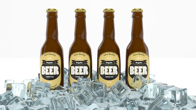 Cuatro botellas de cerveza en hielo aislado en blanco