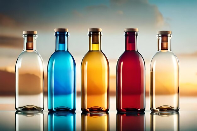Cuatro botellas de diferentes colores están alineadas en fila.