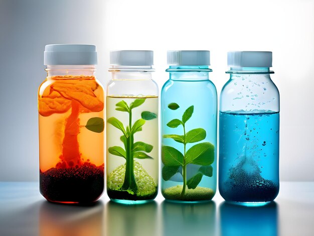 cuatro botellas de diferentes colores con una que dice planta en la parte inferior