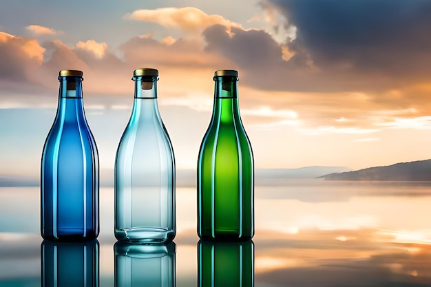 Cuatro botellas de diferentes colores se sientan en una mesa.