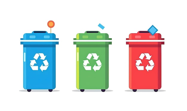 Cuatro botes de basura coloridos en diferentes colores, uno de los cuales dice reciclaje.