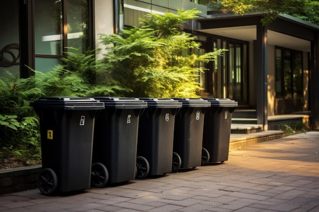 Cuatro botes de basura negros frente a una casa que ayudan a la separación de residuos en espera de recolección para ayudar al en