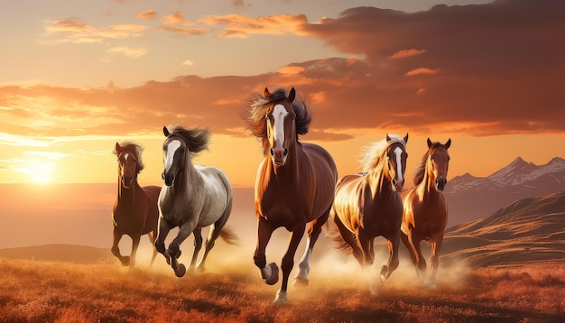 Cuatro caballos corriendo en un campo con una hermosa puesta de sol en el fondo