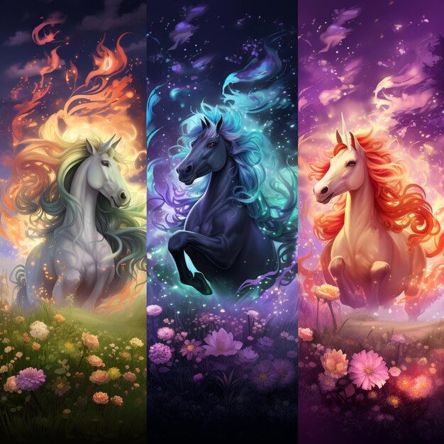 Cuatro caballos de diferentes colores corriendo en un campo de flores ai generativo