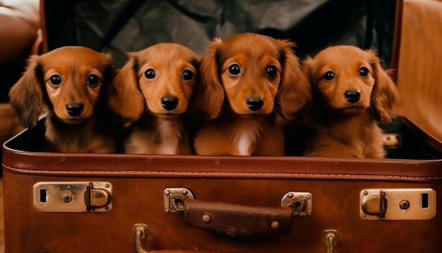 Cuatro cachorros en una maleta con la palabra perro encima.