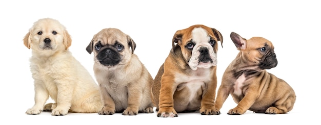 Cuatro cachorros sentado, aislado en blanco