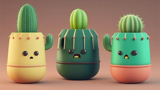 Cuatro cactus con caras diferentes están sobre un fondo marrón.