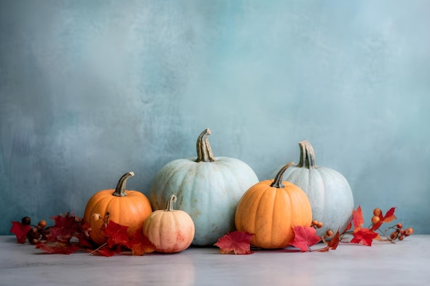 Cuatro calabazas con hojas de otoño sobre un fondo azul.