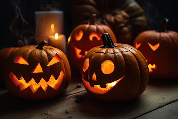 Cuatro calabazas se sientan en una mesa con una vela al fondo.