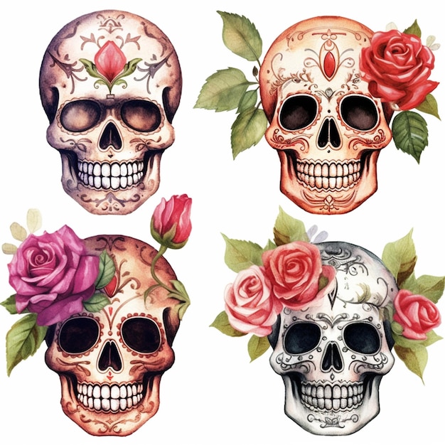 cuatro calaveras con rosas y hojas ai generativa