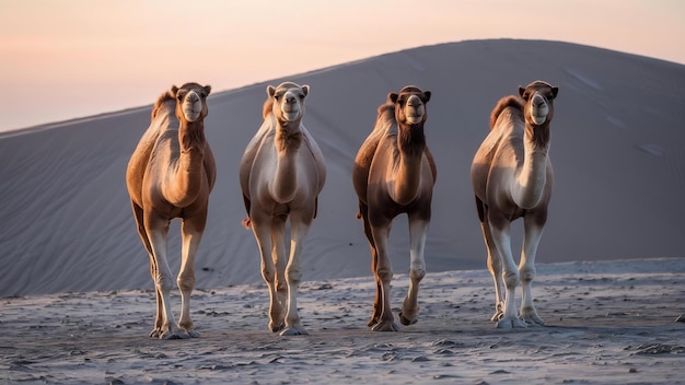 Cuatro camellos en fila caminando en una duna con una luz del amanecer en la espalda