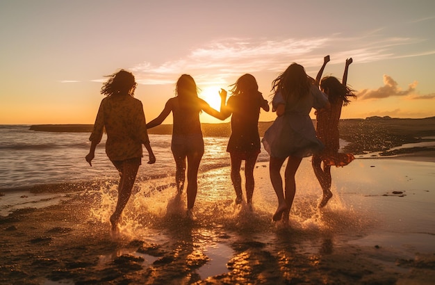 Cuatro chicas corriendo en la playa al atardecer.