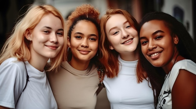 Cuatro chicas están sonriendo y posando para una foto.