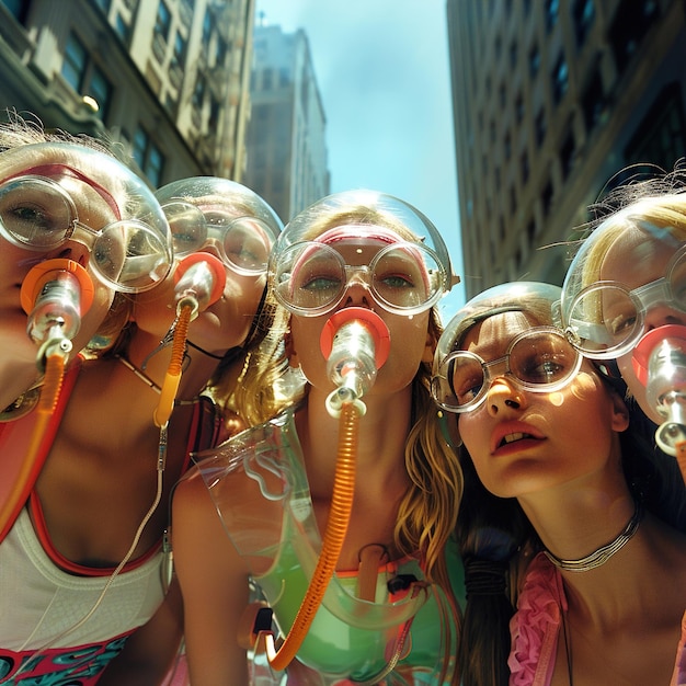 cuatro chicas con gafas con la palabra s en ellas